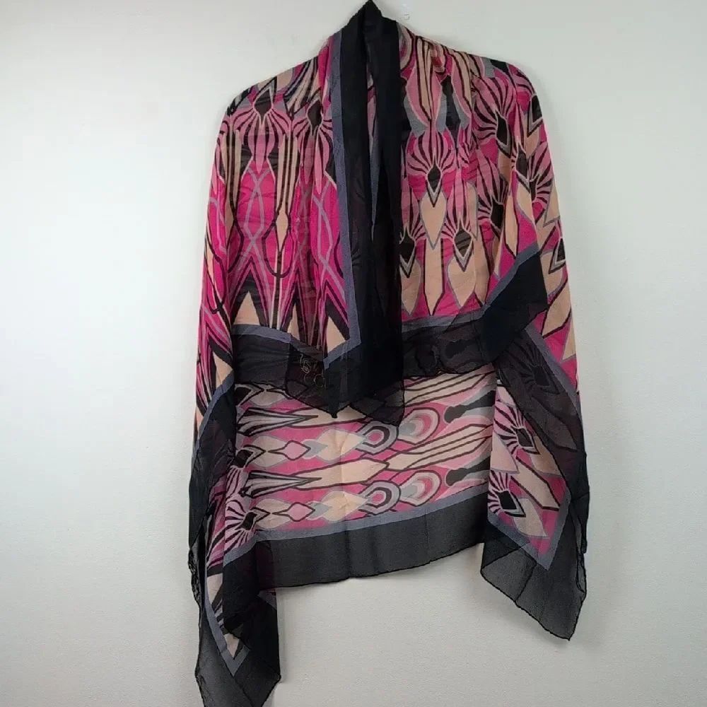 Ursula O'Connor Sheer Geometric Pink & Black Silk Scarf